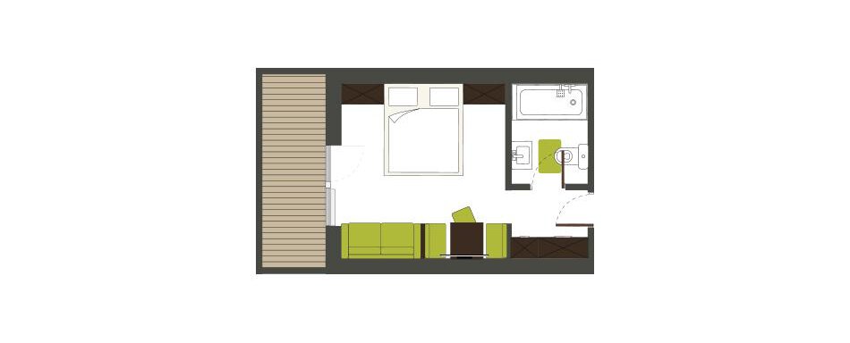A simplified floor plan graphic of a living space. The room includes a bed, a seating area, and a bathroom. - Gästehaus Kneisl - Sölden