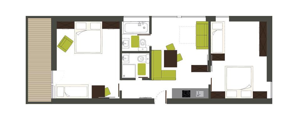 A floor plan drawing of a modern apartment. The rooms include a bedroom, a bathroom, and an open living room with a kitchen. - Gästehaus Kneisl - Sölden