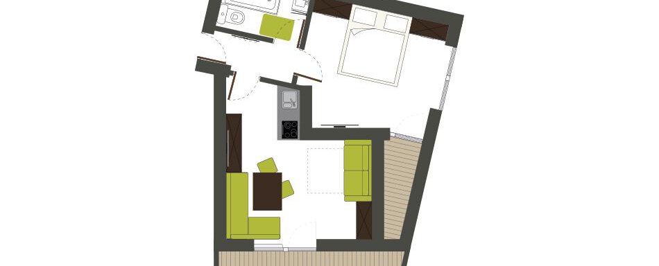 A modern floor plan drawing of an apartment. The rooms are clearly arranged with a bedroom, a living room, and a bathroom. - Gästehaus Kneisl - Sölden