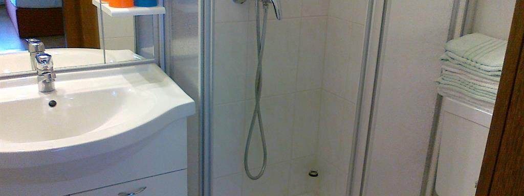 A simple bathroom with a shower, a sink, and a toilet. In the background, towels and a bed are visible. - Gästehaus Martin - Sölden