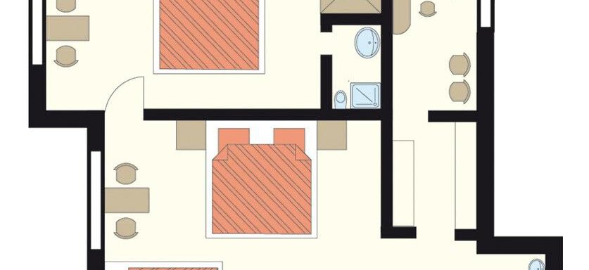 A schematic representation of an apartment with two bedrooms, a living area, and bathrooms. The rooms are modernly furnished and clearly arranged. - Gästehaus Martin - Sölden