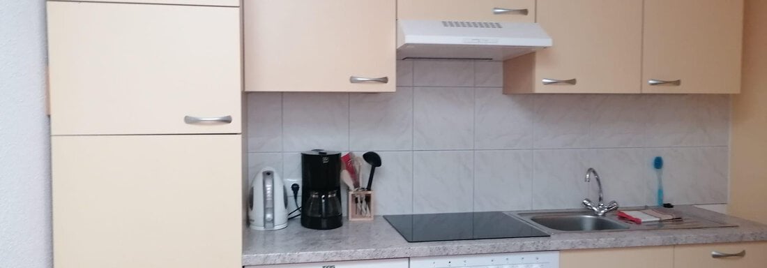 A modern kitchen with bright furniture and appliances. There is a stove, a refrigerator, and a sink. - Gästehaus Sternberger - Sölden