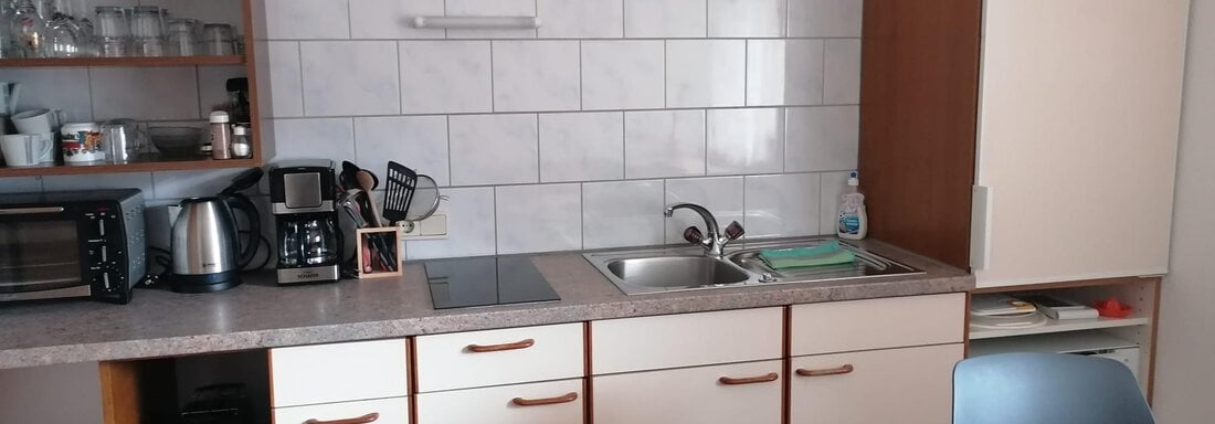 A modern kitchenette with a stove, a sink, and various kitchen appliances. The room features light wooden floors and a simple, functional design. - Gästehaus Sternberger - Sölden