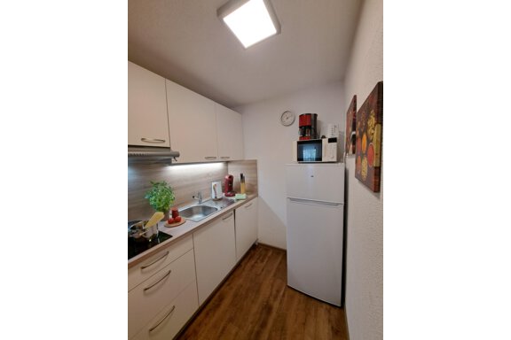 A modern kitchen with white cabinets and wooden flooring. On the countertop are kitchen utensils and a plant box. - Gästeheim Schmiedhof - Sölden