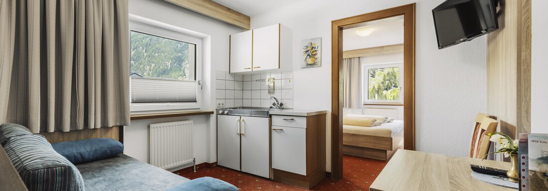 A cozy room with a small kitchenette and a sleeping area. The decor is simple and practical, with a television on the wall. - Gasthof Granstein - Sölden
