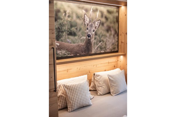 A cozy room with wooden walls and a large picture of a deer. On the couch, there are several pillows with a checkered pattern. - GIGGI Tenne Studios - Sölden