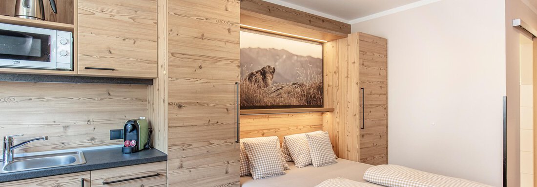 A cozy room with wooden paneling, a double bed, and a small kitchenette. The space has a modern and warm atmosphere. - GIGGI Tenne Studios - Sölden