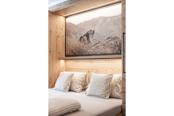 A modern bedroom with wood details and a large photo of an animal in nature. The pillows have a checkered pattern and the lighting creates a cozy atmosphere. - GIGGI Tenne Studios - Sölden