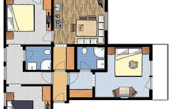 A floor plan sketch of an apartment with several rooms, including a bedroom, bathroom, and a living room. The arrangement of furniture and sanitary installations is clearly depicted. - Haus Alpenstern - Sölden