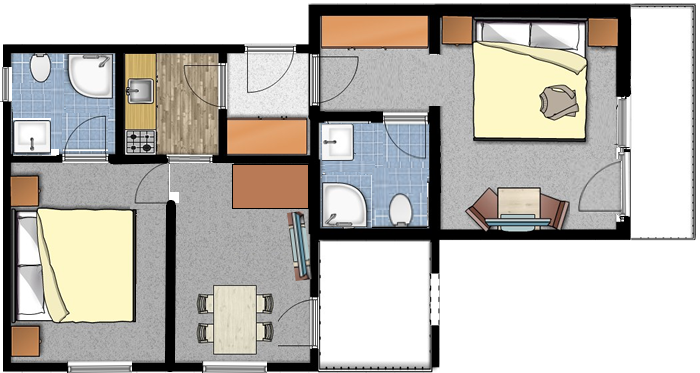 A simple floor plan of an apartment. It shows two bedrooms, a bathroom, a kitchen, and a living area. - Haus Alpenstern - Sölden