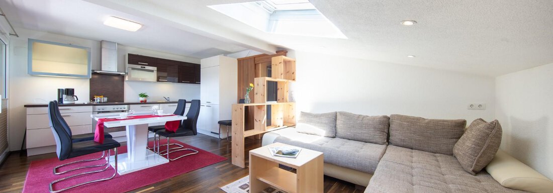 Appt. 3 Wohnzimmer mit Küche A modern living room with a cozy sofa and a dining table. The room has hardwood floors and plenty of natural light through the skylight. - Haus Alpenstern - Sölden