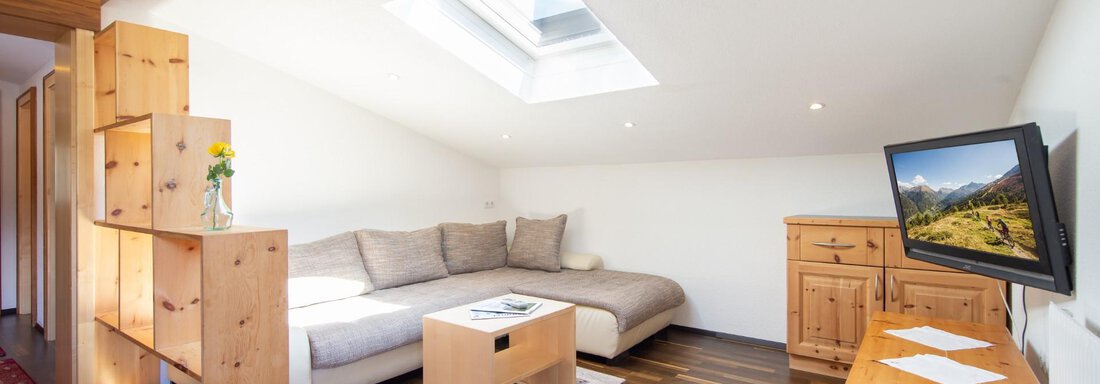 A bright and modern living room with wooden flooring. There is a comfortable couch, a television, and a large skylight. - Haus Alpenstern - Sölden