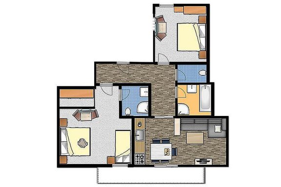 A floor plan of an apartment with three bedrooms and a shared living area. The kitchen and two bathrooms are also drawn in. - Haus Alpenstern - Sölden