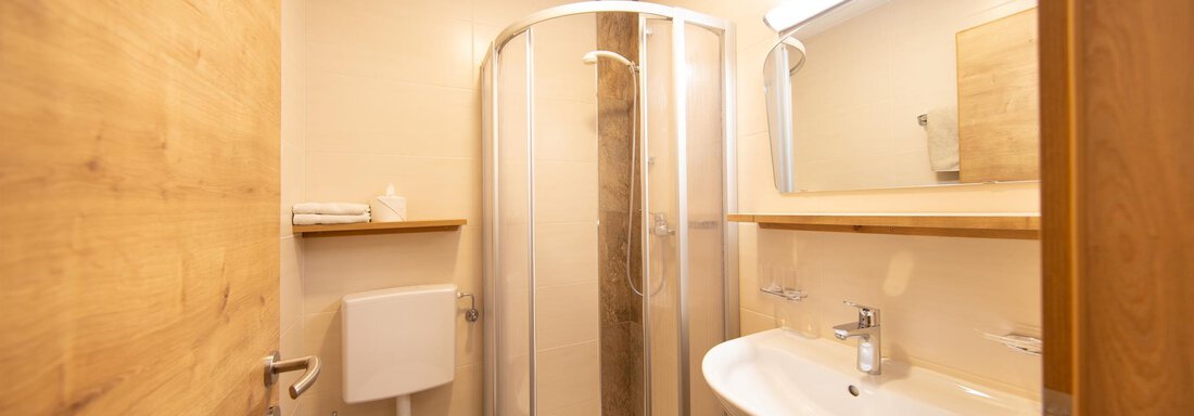 A modern bathroom with a shower, sink, and toilet. The walls are bright, and wooden elements create a warm atmosphere. - Haus Alpenstern - Sölden