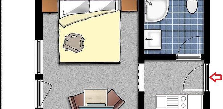 A schematic representation of a hotel room with a bed, a table, and a small kitchenette. The bathroom is also depicted, with a shower and a toilet. - Haus Alpenstern - Sölden