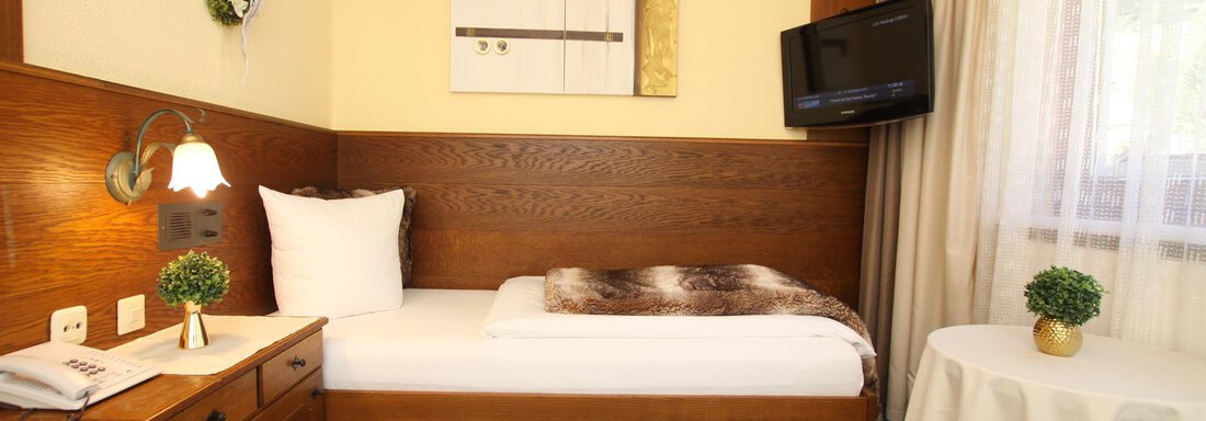 Einzelzimmer A cozy room with a single bed and wooden furniture. There is a television and a small table with a plant. - Haus Amaris - Sölden