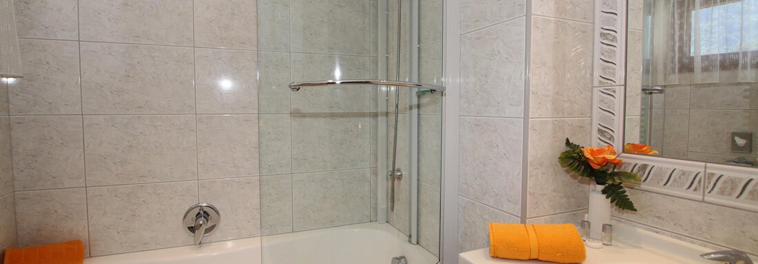 A modern bathroom with a shower and a bathtub. Fresh towels and a small decorative plant are on the vanity. - Haus Amaris - Sölden