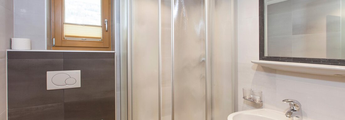 A modern bathroom with a shower cabin and a sink. The room design is bright and minimalist. - Haus Bergblick - Sölden