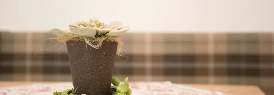 A small pot with a decorative plant sits on a table. The table is adorned with a tablecloth in rose tones and a green decoration. - Haus Christian - Sölden
