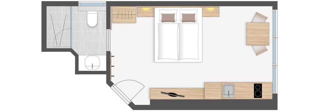 A floor plan drawing of a room with a double bed, a table, and a small kitchen. The bathroom is also marked. - Haus Crystal - Sölden