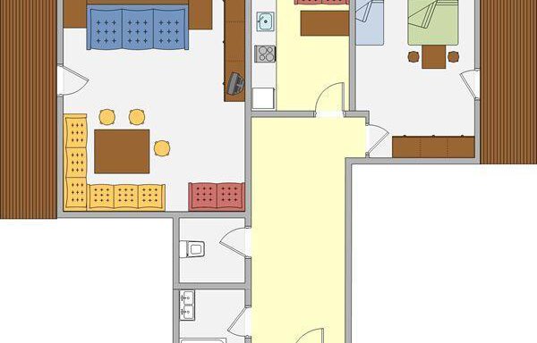 A simple floor plan drawing of an apartment. It shows various rooms such as living room, bedroom, and bathroom. - Haus Edmund - Sölden