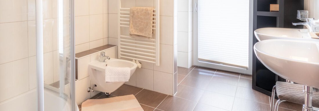 A modern bathroom with a shower cabin and a sink. The space is bright and well-maintained, with an elegant, minimalist design. - Haus Edmund - Sölden