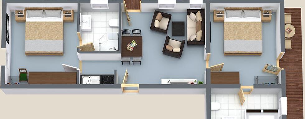 A floor plan of an apartment with two bedrooms, a living room, and a kitchen. The furniture is simply arranged, and there is a clear separation of the individual living areas. - Haus Fontana - Sölden