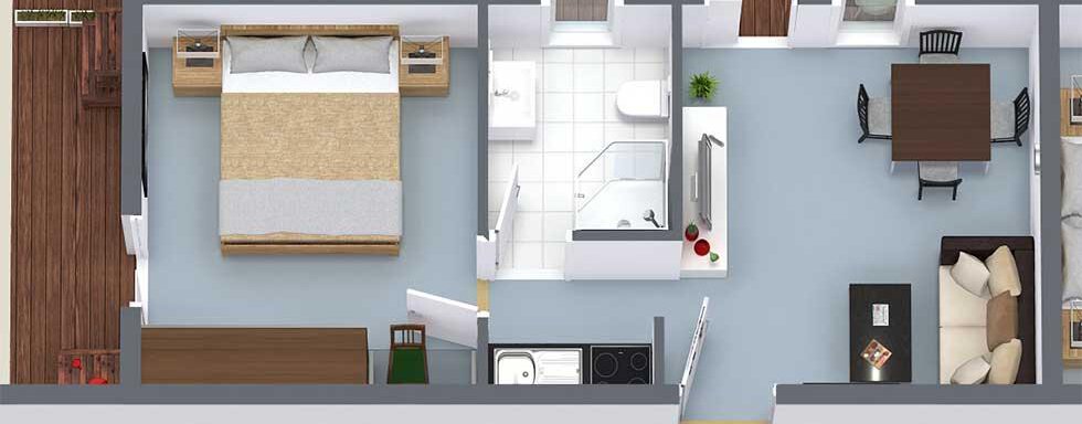 A floor plan view of an apartment shows a bedroom, a bathroom, a kitchen, and a living area. The furniture is modern and the space feels inviting. - Haus Fontana - Sölden