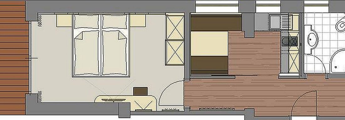 A simple apartment layout with two bedrooms, a kitchen, and a bathroom. The floor is partially covered with wood and partially with tiles. - Haus Fridolin - Sölden