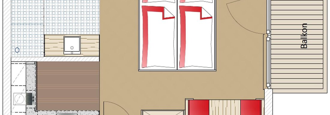 A simple floor plan drawing of a room with two beds, a bathroom, and a balcony. The rooms are clearly structured and well arranged. - Haus Fridolin - Sölden