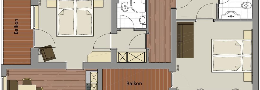 A floor plan of an apartment with two bedrooms and three balconies. The rooms are well arranged, with a bathroom and a living area. - Haus Fridolin - Sölden