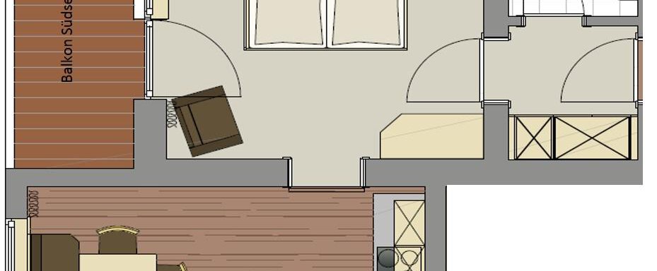 A schematic representation of an apartment with a bedroom, living area, and kitchen. The bathroom is also illustrated, and a balcony is present. - Haus Fridolin - Sölden