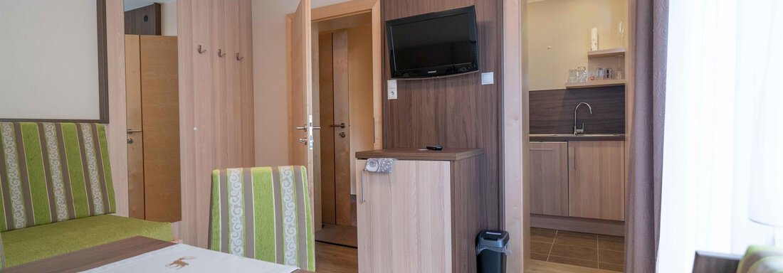 A modern room with wooden flooring and a small kitchenette. The walls are in soft colors and there is a cozy seating area. - Haus Fridolin - Sölden