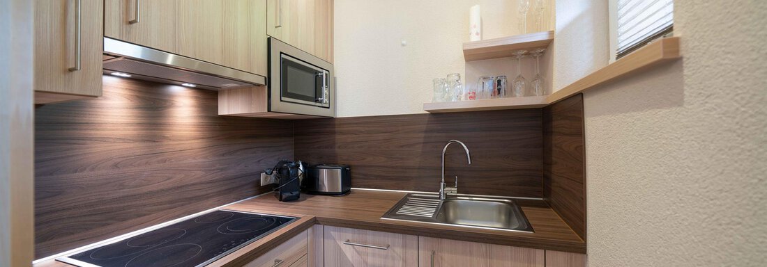 A modern kitchen with wooden shelves and stainless steel appliances. The countertop is made of dark wood, and there is a sink as well as a cooktop. - Haus Fridolin - Sölden