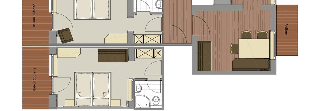 A schematic representation of an apartment with two bedrooms, each with a bathroom. The living room features a dining area and a kitchenette. - Haus Fridolin - Sölden