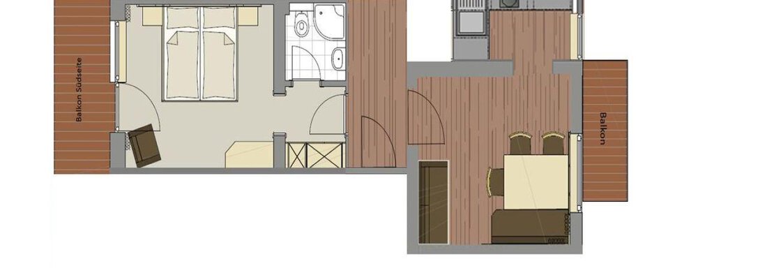 A floor plan drawing of an apartment. The rooms include a bedroom, a bathroom, and an open living/dining area with a kitchen. - Haus Fridolin - Sölden