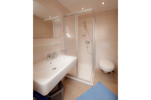 A modern bathroom with a shower cabin and a sink. There is also a toilet and bright wall tiles. - Haus Gabriela - Sölden