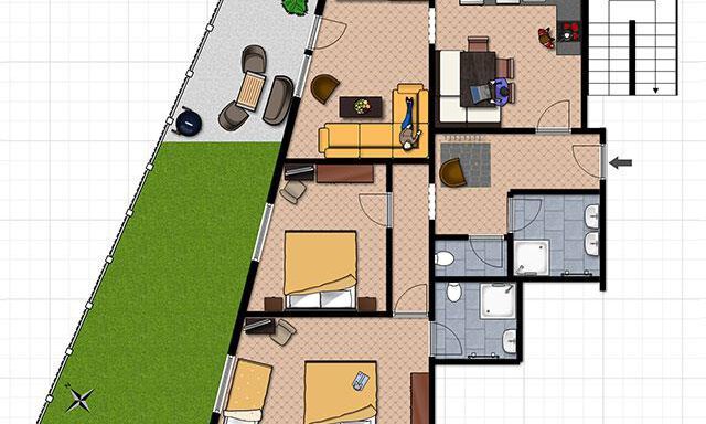 Skizze Appartement U1 | © Falkner Georg A schematic representation of an apartment. It shows various rooms as well as a garden area. - Haus Gondelblick - Sölden