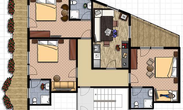 Skizze Appartement 1 | © Falkner Georg A floor plan of a house with several rooms. The rooms are simply arranged and include bedrooms, a living room, and a kitchen. - Haus Gondelblick - Sölden