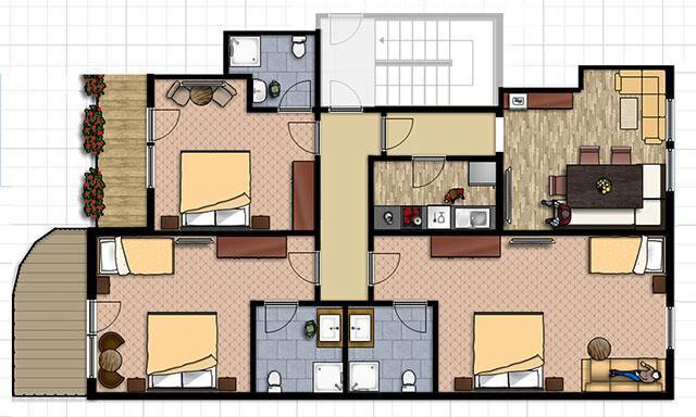 Skizze Appartement 2 | © Falkner Georg An apartment floor plan with two bedrooms, a living room, and a kitchen. The layout is clear and well-structured. - Haus Gondelblick - Sölden