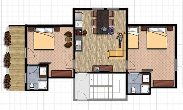 Skizze Appartement 3 | © Falkner Georg A floor plan drawing of an apartment with two bedrooms, a living room, and two bathrooms. The rooms are clearly and functionally arranged. - Haus Gondelblick - Sölden