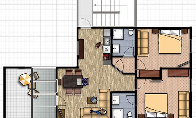 Skizze Appartement 5 | © Falkner Georg A modern apartment floor plan with two bedrooms, a living room, and a kitchen. The plan also shows a dining area and access to a balcony. - Haus Gondelblick - Sölden