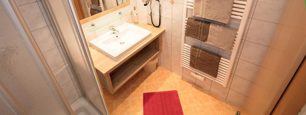 A modern bathroom with a shower and a sink. Towels hang on the wall, and a red carpet lies on the floor. - Haus Gondelblick - Sölden