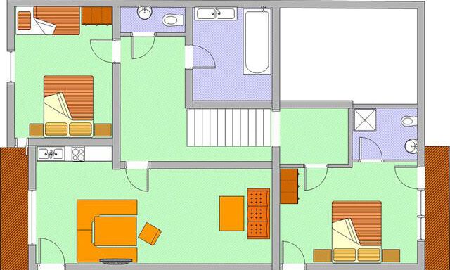 A floor plan drawing of a house with several rooms. The rooms are color-coded and include a living room, bedroom, and bathroom. - Haus Ingrid - Sölden