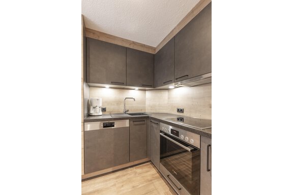 A modern kitchen with gray cabinets and stainless steel appliances. It is well-lit and has a bright, inviting atmosphere. - Haus Manfred - Sölden