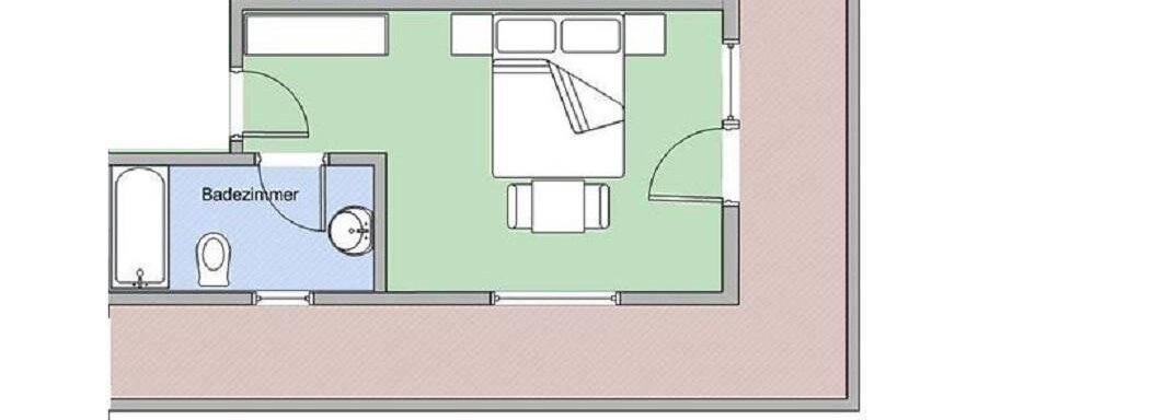 A simple floor plan drawing of a room with a bed, table, and bathroom. The bathroom is depicted in blue, while the rest of the room is green. - Haus Montjola - Sölden