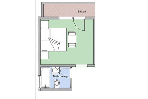 A simple floor plan diagram of a room. It shows a bedroom with two beds, a seating area, and a bathroom. - Haus Montjola - Sölden