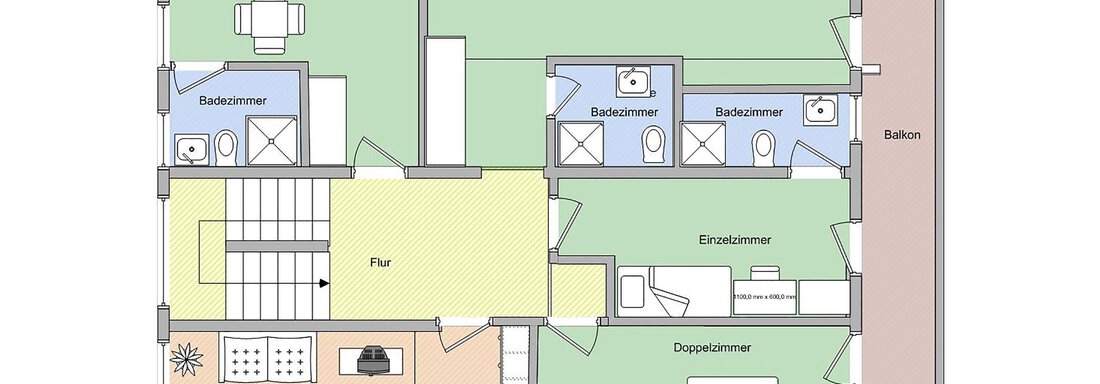 A clear floor plan of an apartment with several rooms and bathrooms. The plan shows a living area, a kitchen, and a balcony. - Haus Montjola - Sölden