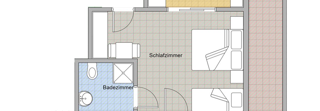 A simple apartment floor plan drawing. The rooms include a bedroom, a bathroom, a kitchen, and a terrace. - Haus Montjola - Sölden