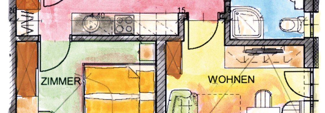 BOOKING-2-4-personenwohnung A colored sketch of a floor plan for an apartment. The rooms are clearly labeled and show kitchen, bathroom, bedroom, and living room. - Haus PIA by A CASA - Sölden